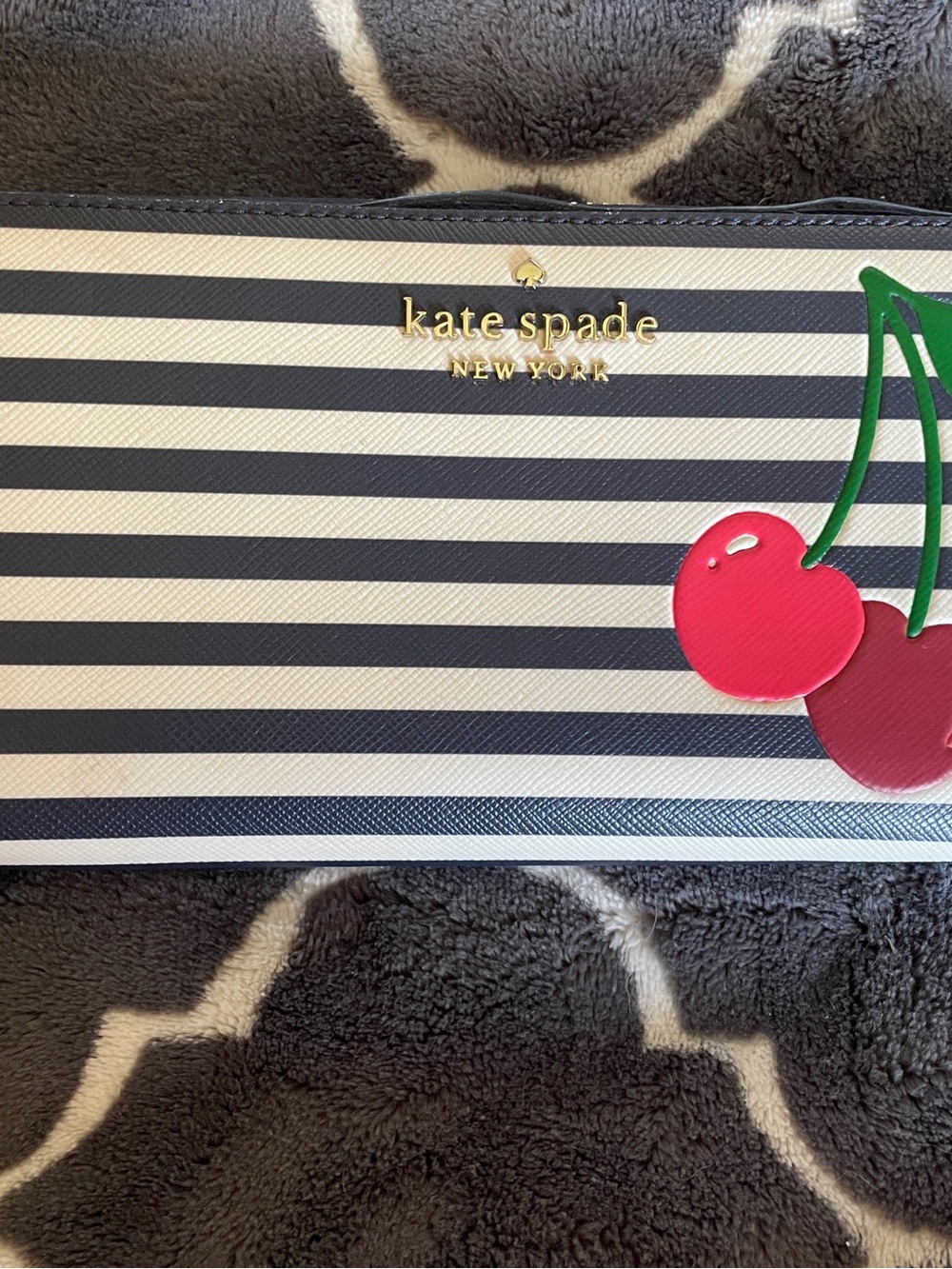 kate spade Navy and White Striped Wallet with Cherry Appliqué